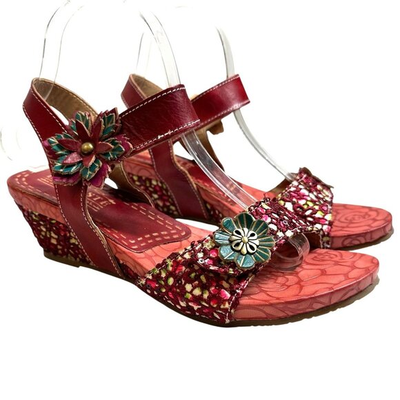 NEW L'Artiste Spring Step Laisis Red Leather Flower Accented Wedge Sandals 39 - Picture 1 of 10